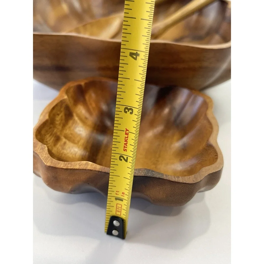 Vintage Monkey Pod Hand Carved Wooden Acacia Salad Bowl Set Serving Utensils